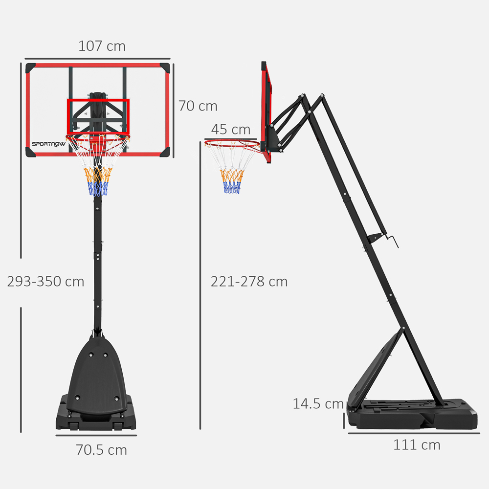 SPORTNOW Red Height Adjustable Basketball Hoop Stand with Weighted Base 240-290cm Image 9