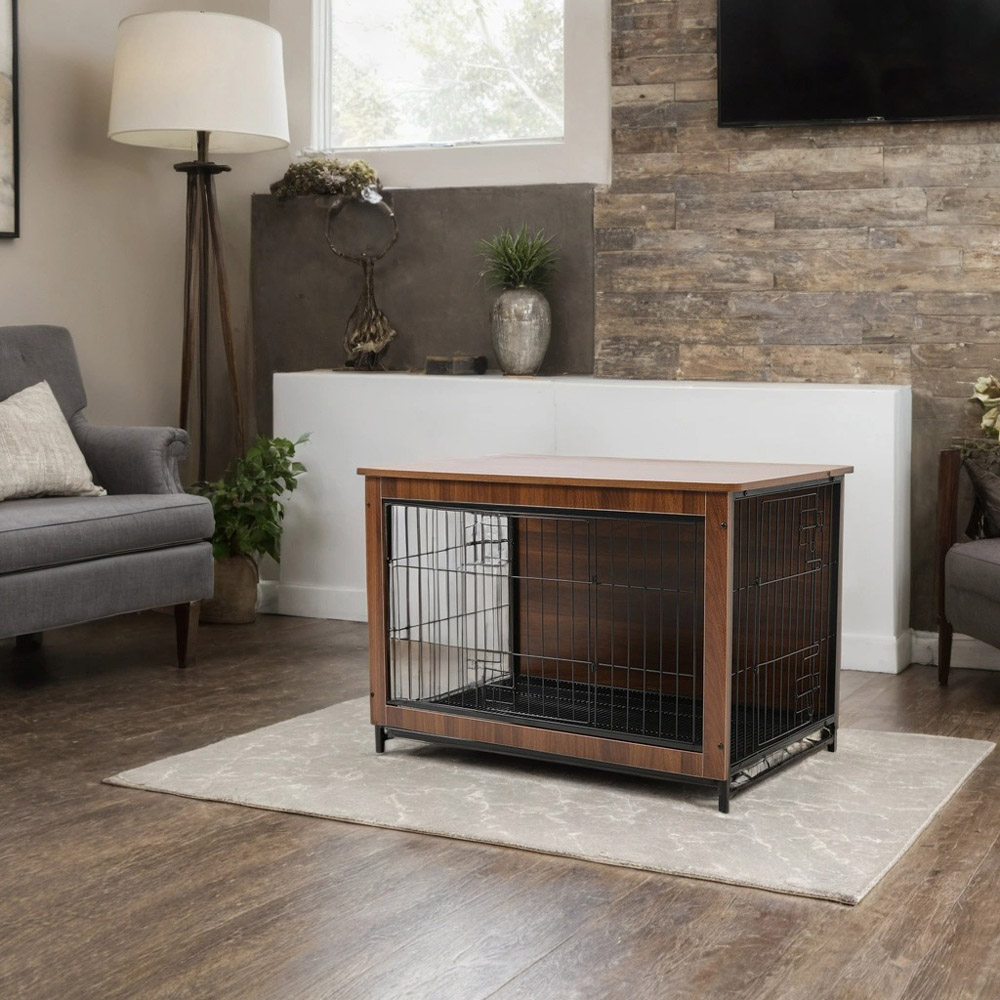 H&O Direct Brown Wooden Wire Pet Cage with Tray 100 x 61cm Image 2
