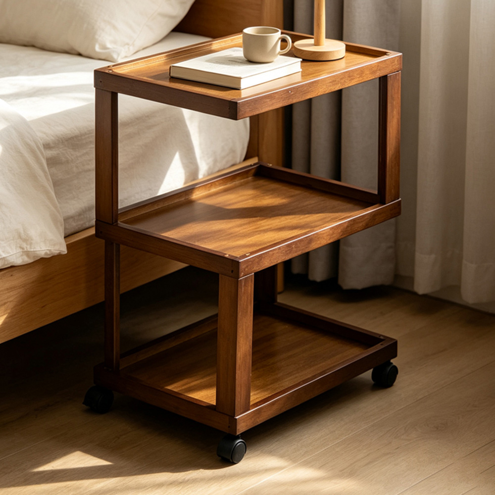 Living and Home 3-Tier Brown Bamboo Raised Edges Side Table with Lockable Castors Image 1