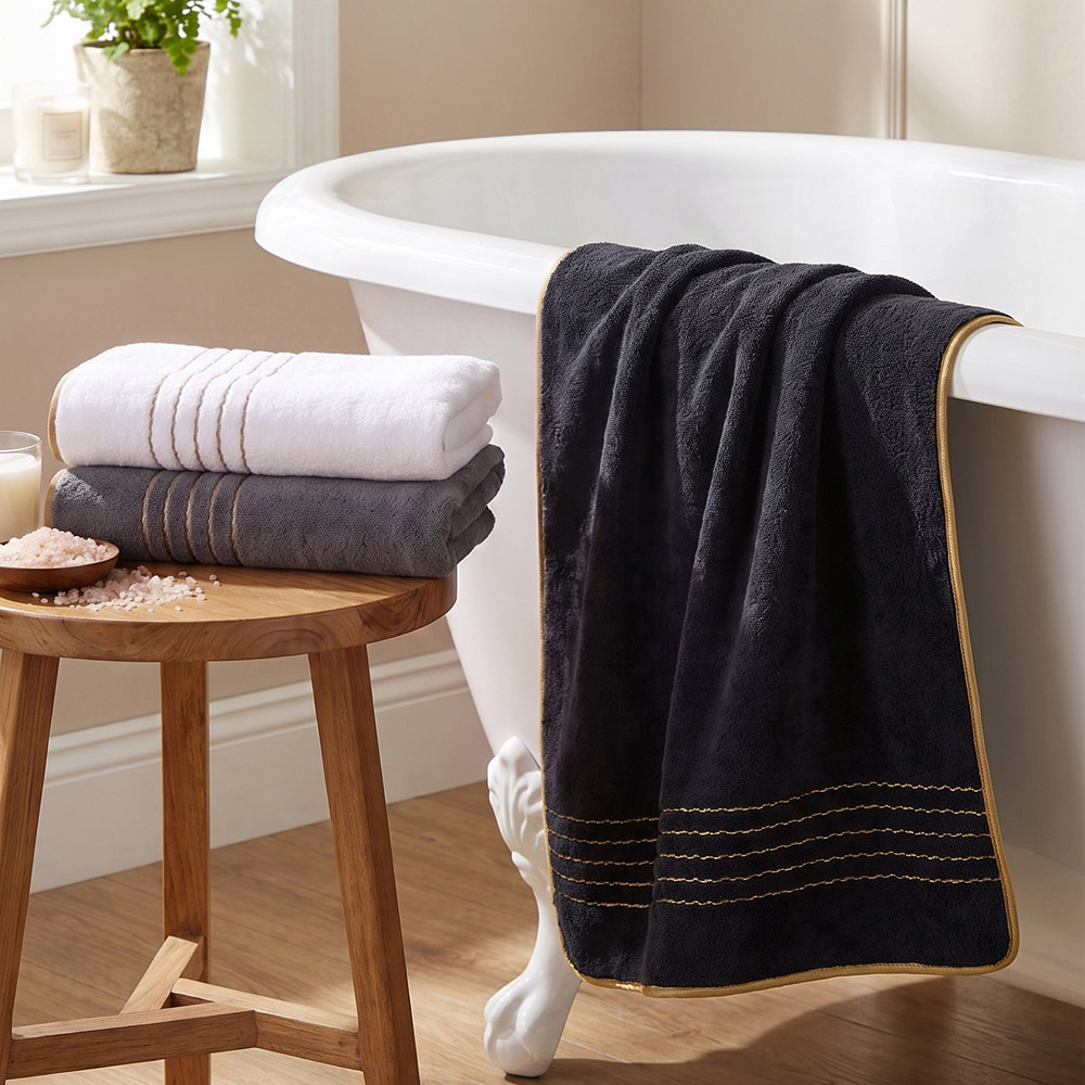 Living and Home Soft Polyester White Grey and Black Bath Towel Set of 3 Image 2