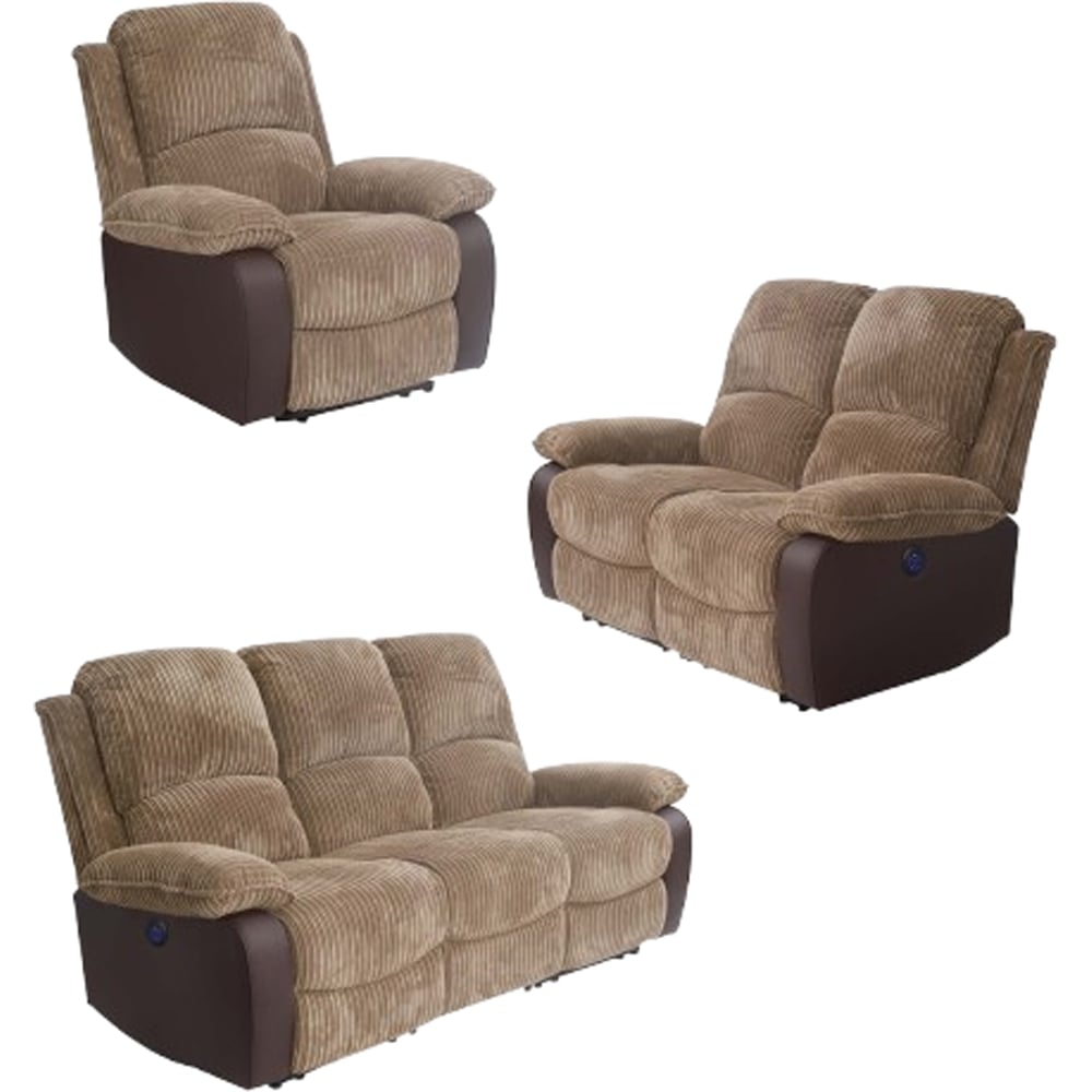 Comfy Living 6 Seater Brown Cord Fabric Electric Recliner Sofa Set Image 9