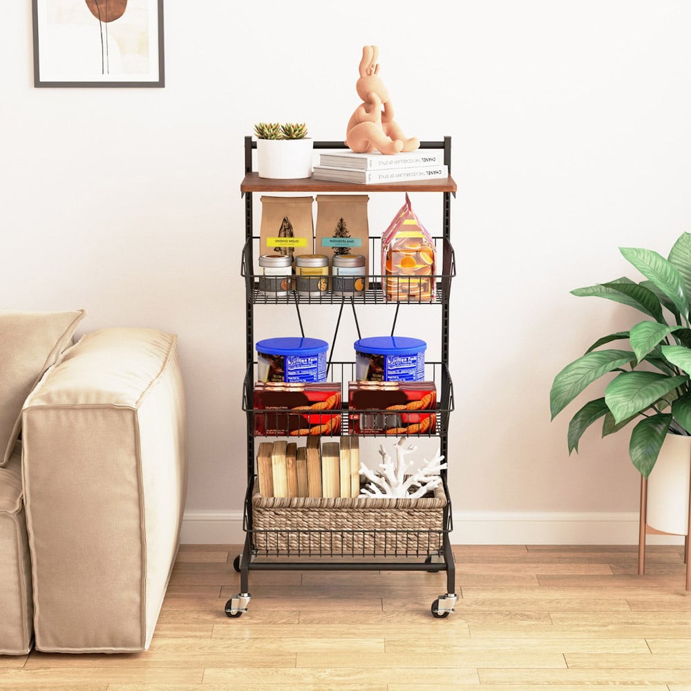 Costway 3 Shelf Height Adjustable Kitchen Storage Cart with Wheels and Removable Baskets Image 4