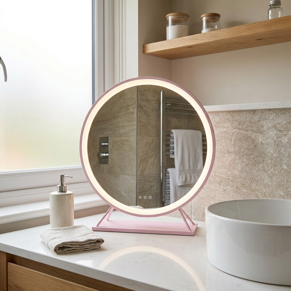 Round Standing Hollywood LED Mirror Pink Image 4