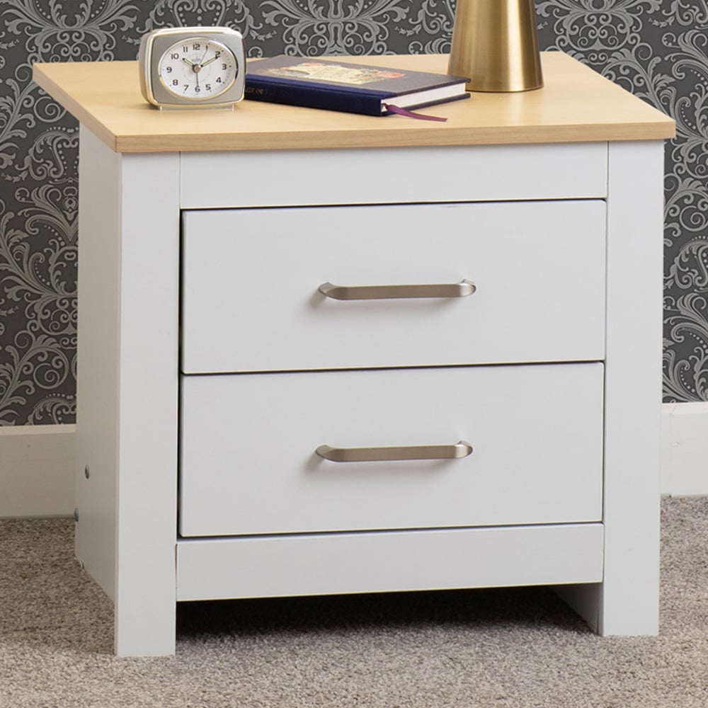 Seconique Portland 2 Drawer White and Oak Effect Bedside Table Image 1
