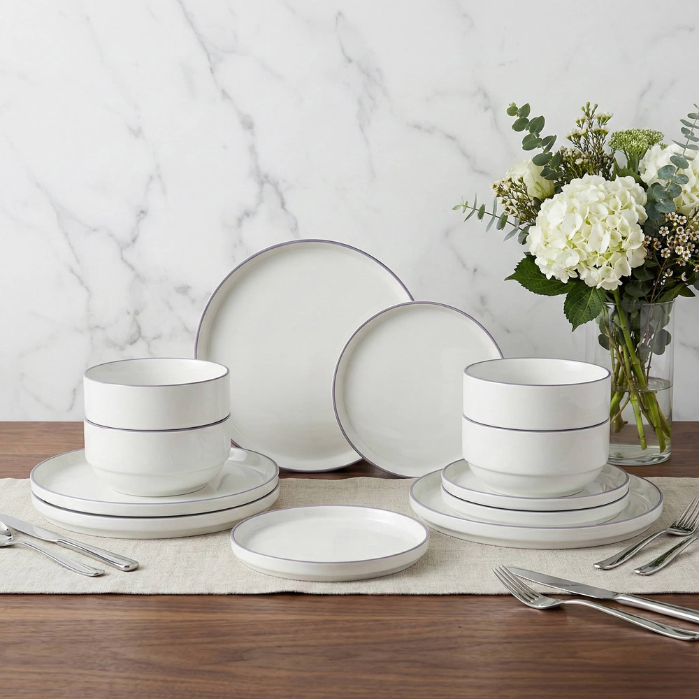Waterside Purple Rim White Stackable 12 Piece Dinner Set Image 7