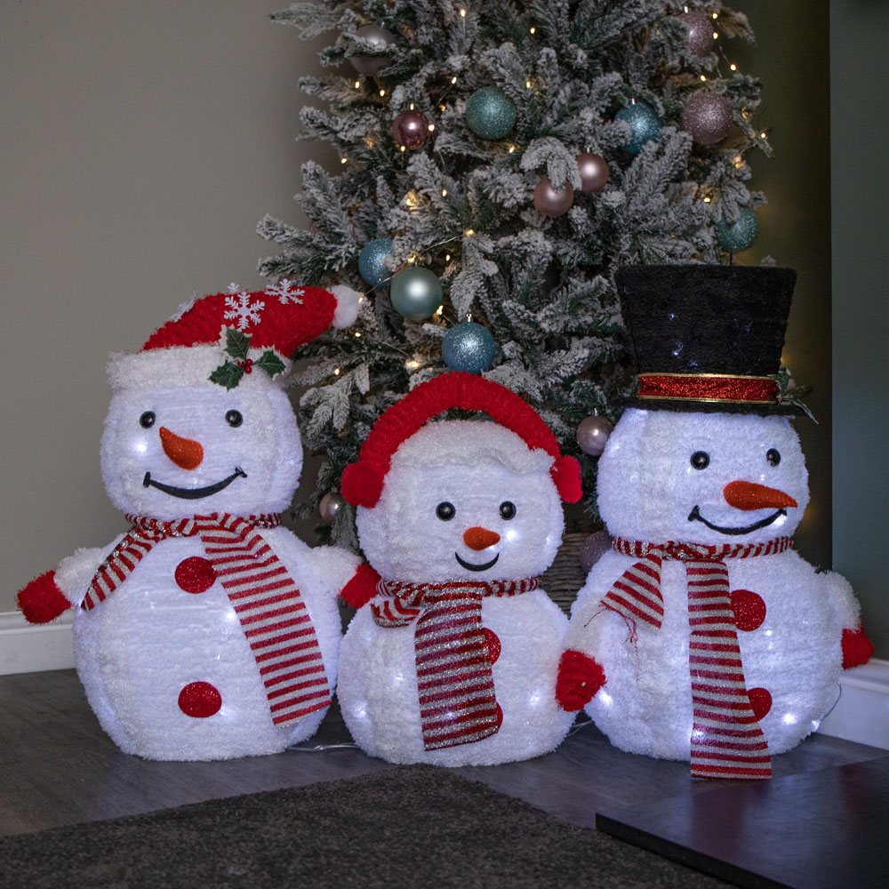 Samuel Alexander 130 White LED Light Up Foldable Cloth Snowman Christmas Decoration 3 Pack Image 1