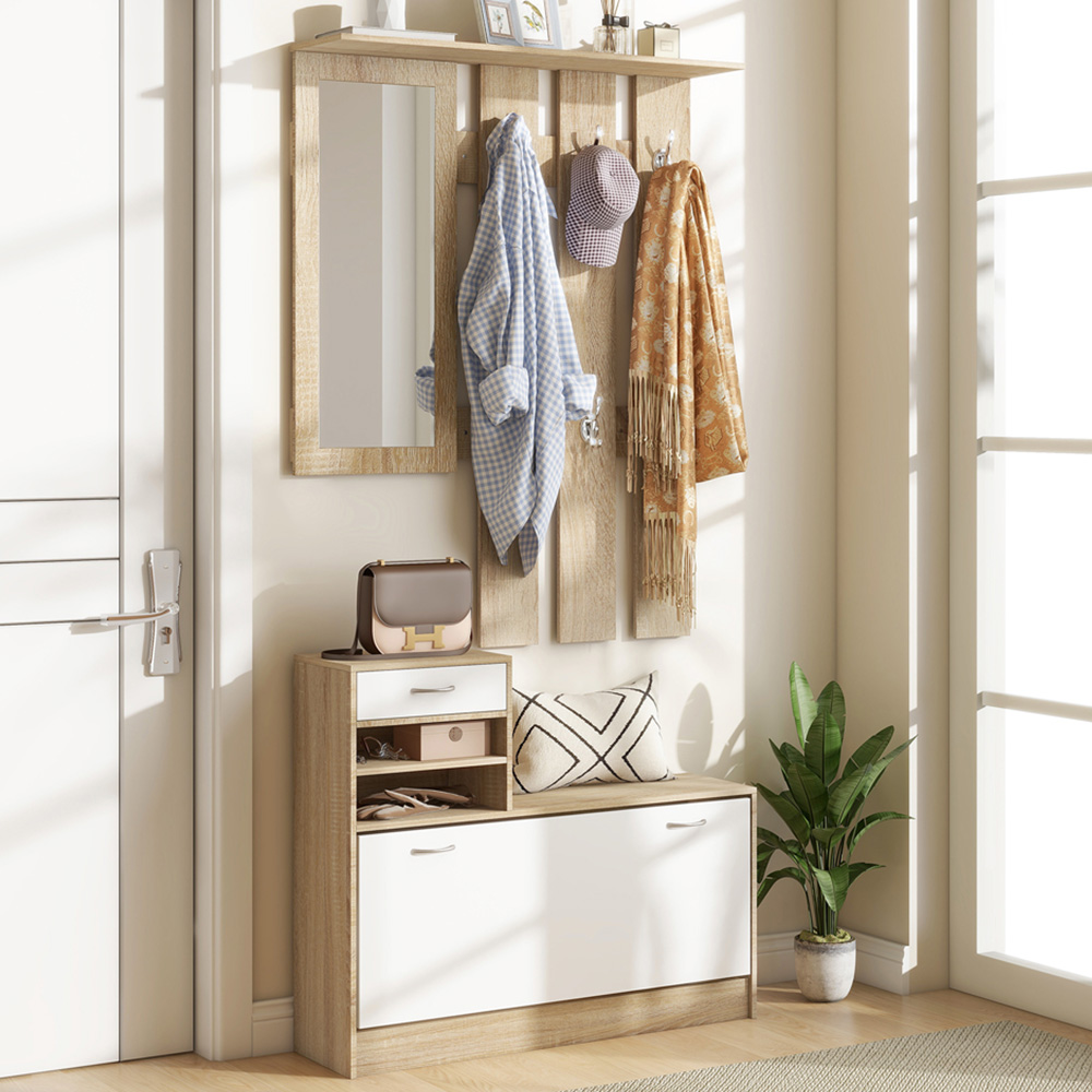 HOMCOM 2 Piece White and Natural Hallway Furniture Set with Mirror Image 1