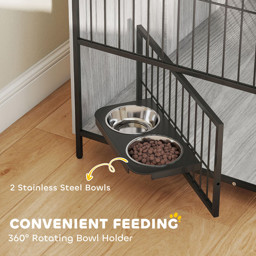 PawHut Grey Large Dog Crate with Rotating Bowl Holder Image 5