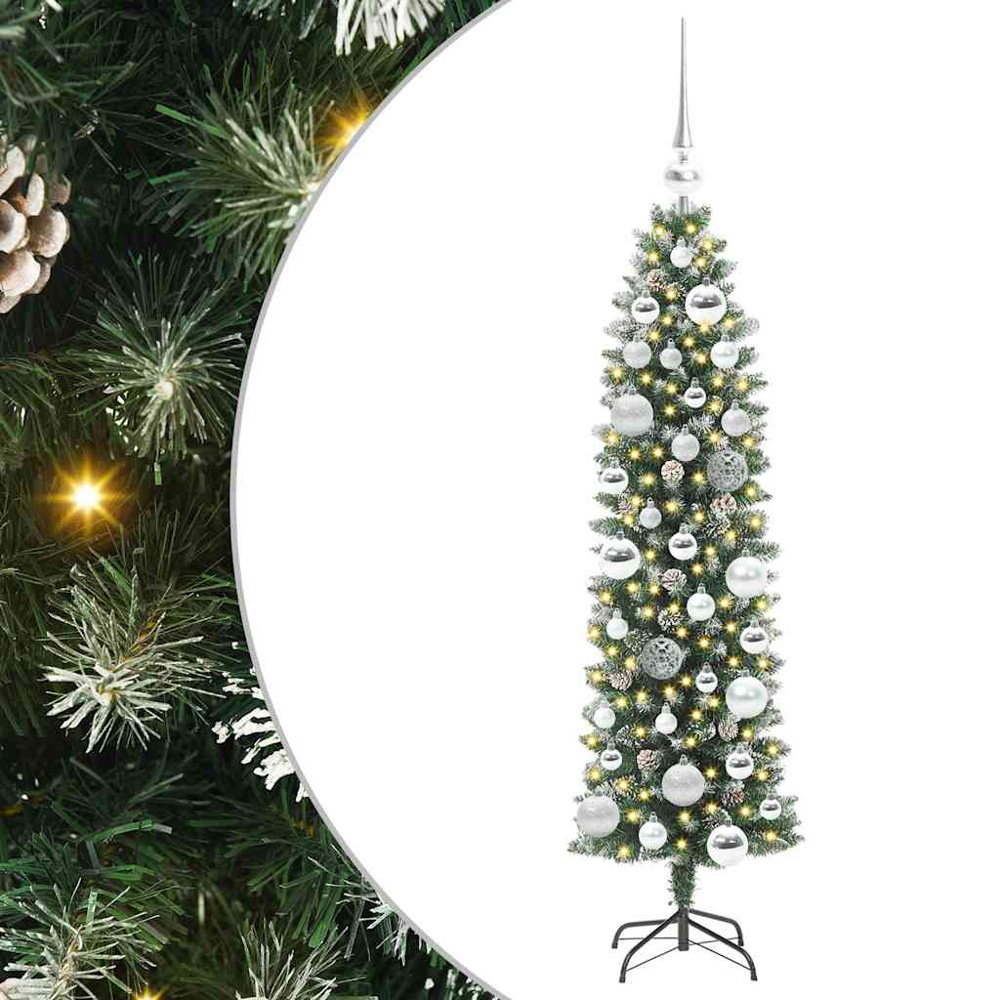 vidaXL Pre-Lit Warm White LED and Silver Baubles Green Slim Artificial Christmas Tree 4ft Image 7