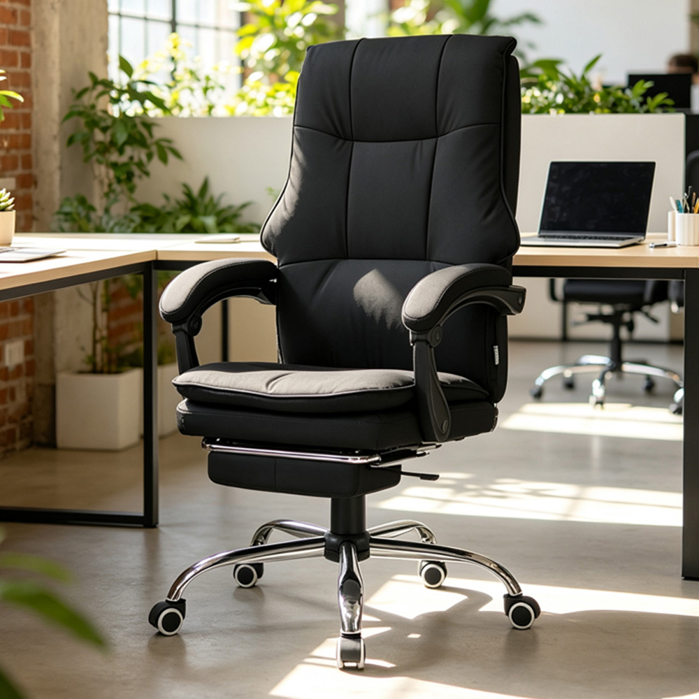 Living and Home Black PVC Leather Reclining Backrest Office Chair with Footrest Image 1
