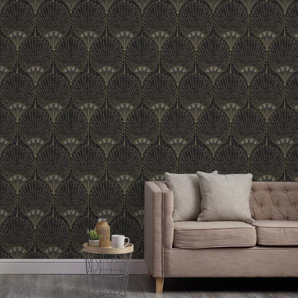 Grandeco Art Deco Nile Palm Black and Gold Textured Wallpaper Image 3
