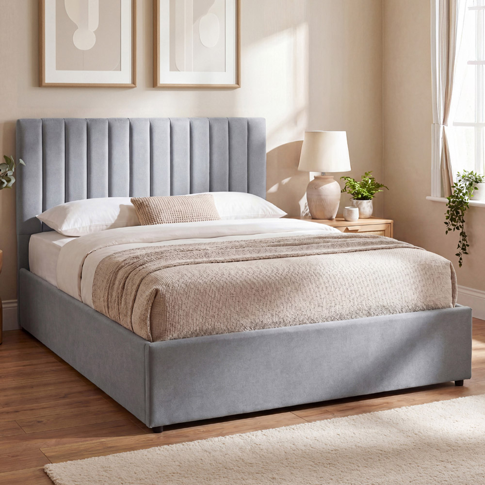 VIDA DESIGNS Vellaro Double Light Grey Linen Fabric Ottoman Bed with Headboard Image 1