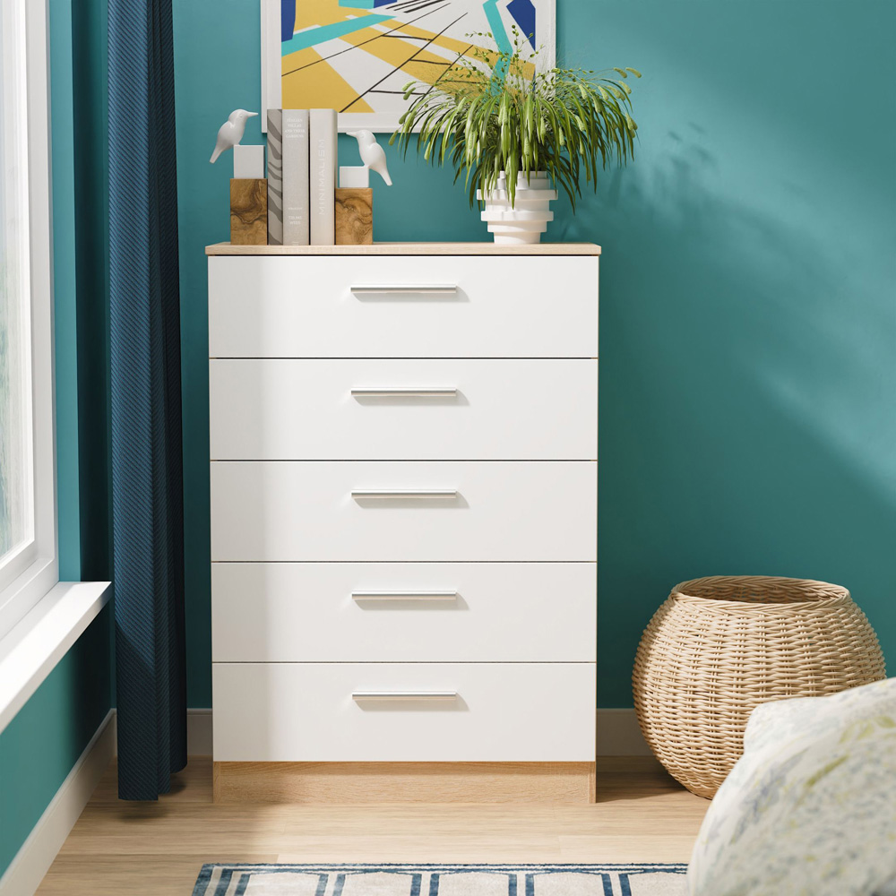 Crowndale Contrast 5 Drawer White Matt and Bardolino Oak Chest of Drawers Ready Assembled Image 7