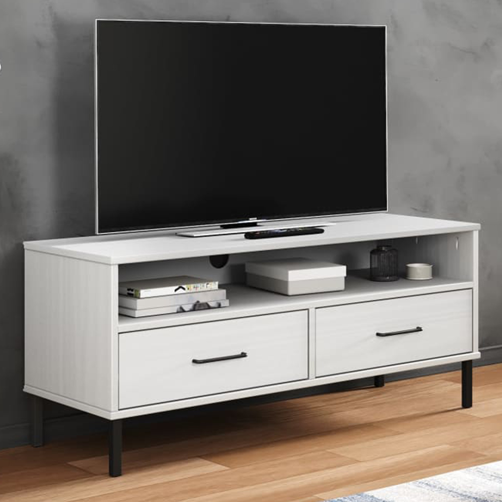 vidaXL 2 Drawer Single Shelf White Solid Pine Wood TV Cabinet Image 1