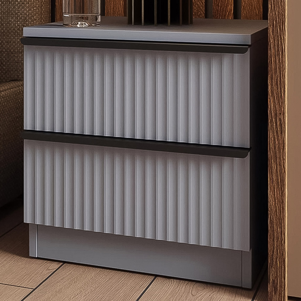 FWStyle Lania 2 Drawer Dark Grey Scalloped Ripple Effect Bedside Table Image 1