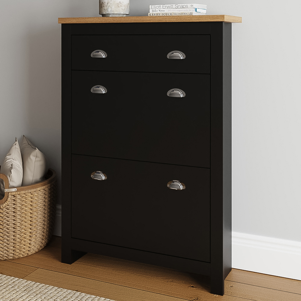 GFW Lancaster 2 Door 1 Drawer Black and Oak Shoe Cabinet Image 1