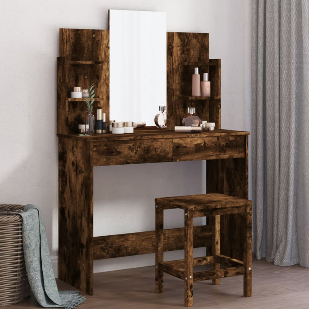 vidaXL 2 Drawer 4 Shelf Smoked Oak Dressing Table with Mirror Image 1