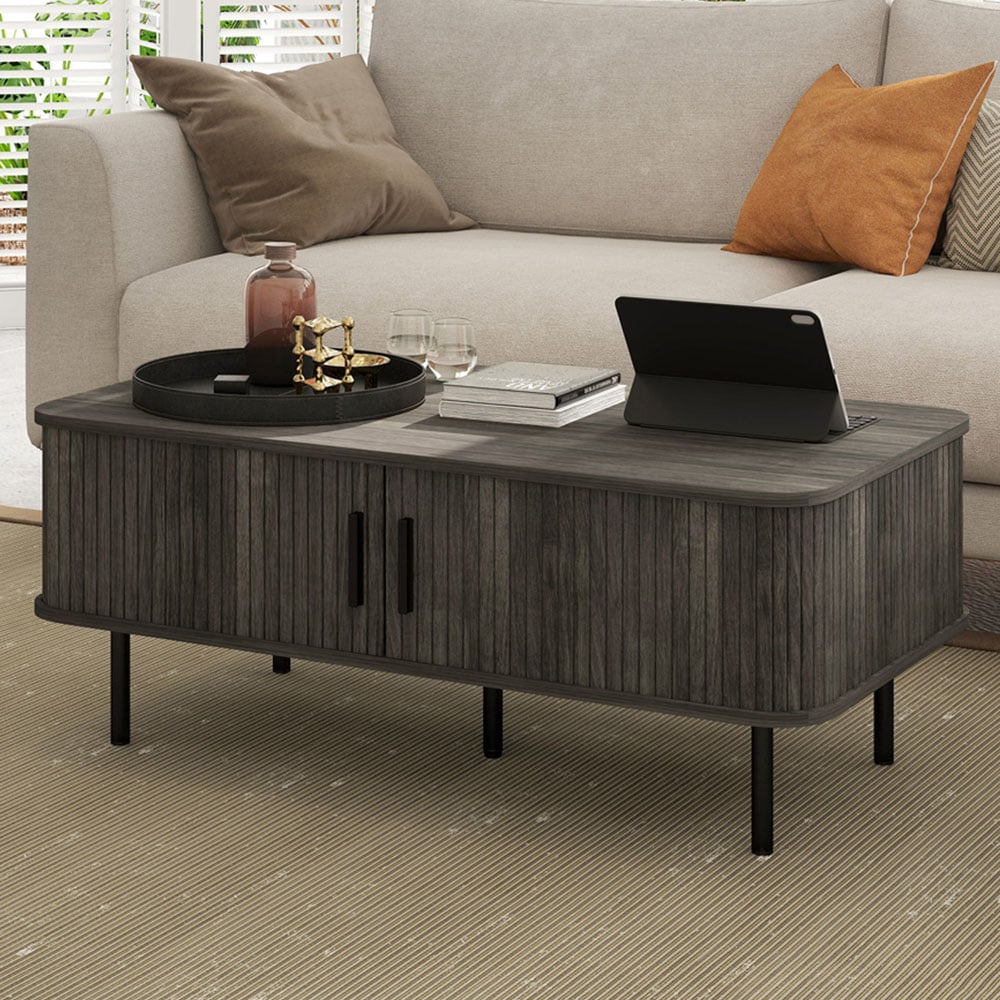 HOMCOM 2 Door Grey Coffee Table with Sliding Doors Image 1