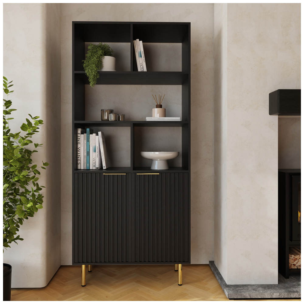 GFW Nervata 2 Door 5 Shelf Black and Gold Ribbed Tall Shelving Unit Image 8