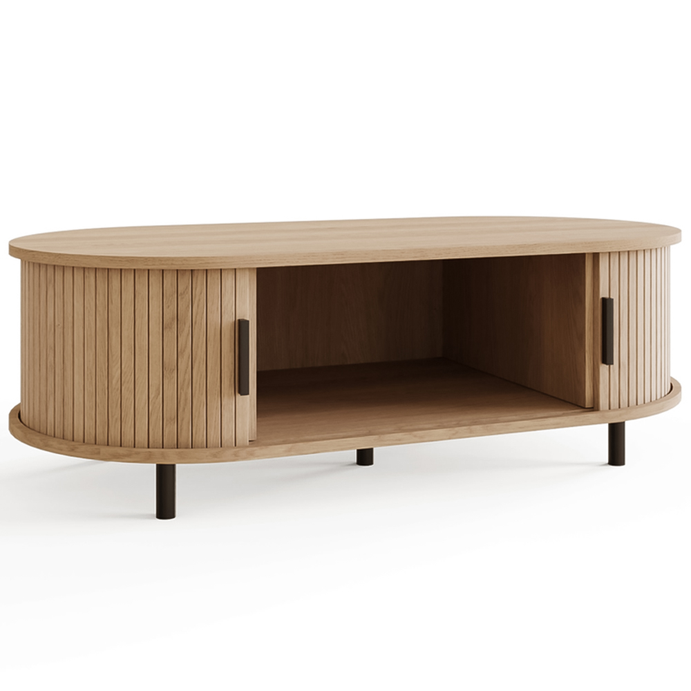 GFW Omari 2 Tambour Sliding Door Oak Slatted Coffee Table Image 4