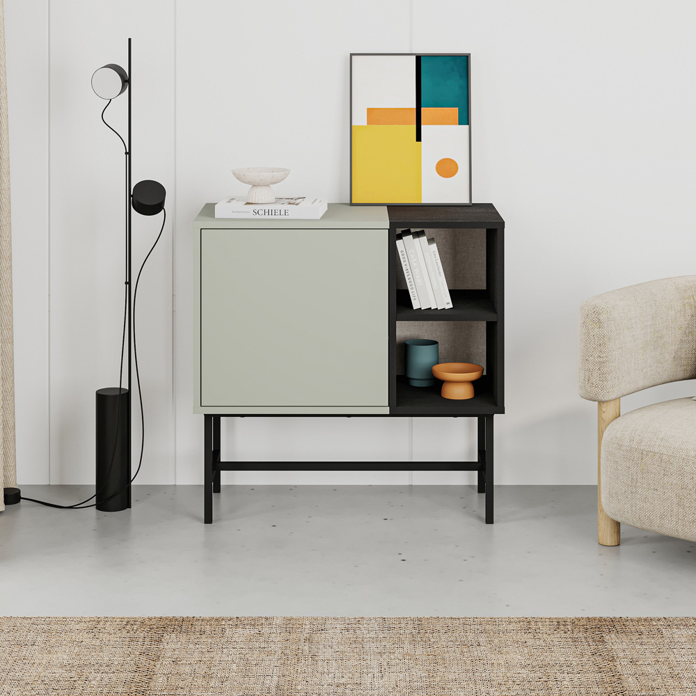 Decortie Mona Single Door 2 Shelf Ash Green and Black Wood Mini Console Table Image 4