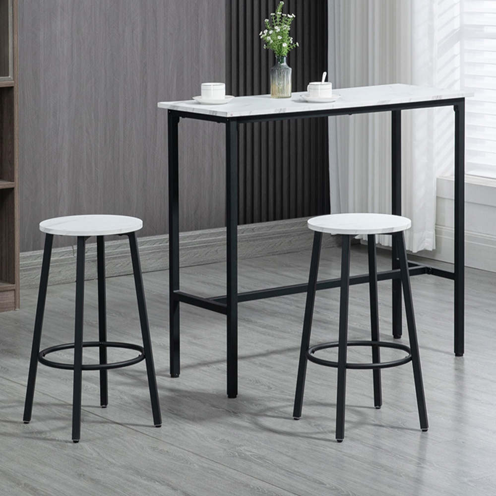 HOMCOM 2 Seater White Marble Effect Bar Table and Stool Set with Footrest Image 1
