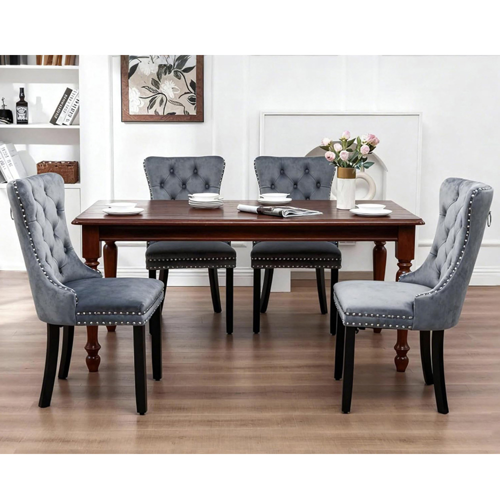 Alivio Set of 4 Grey Velvet Nailhead Trim Tufted Dining Chairs Image 4