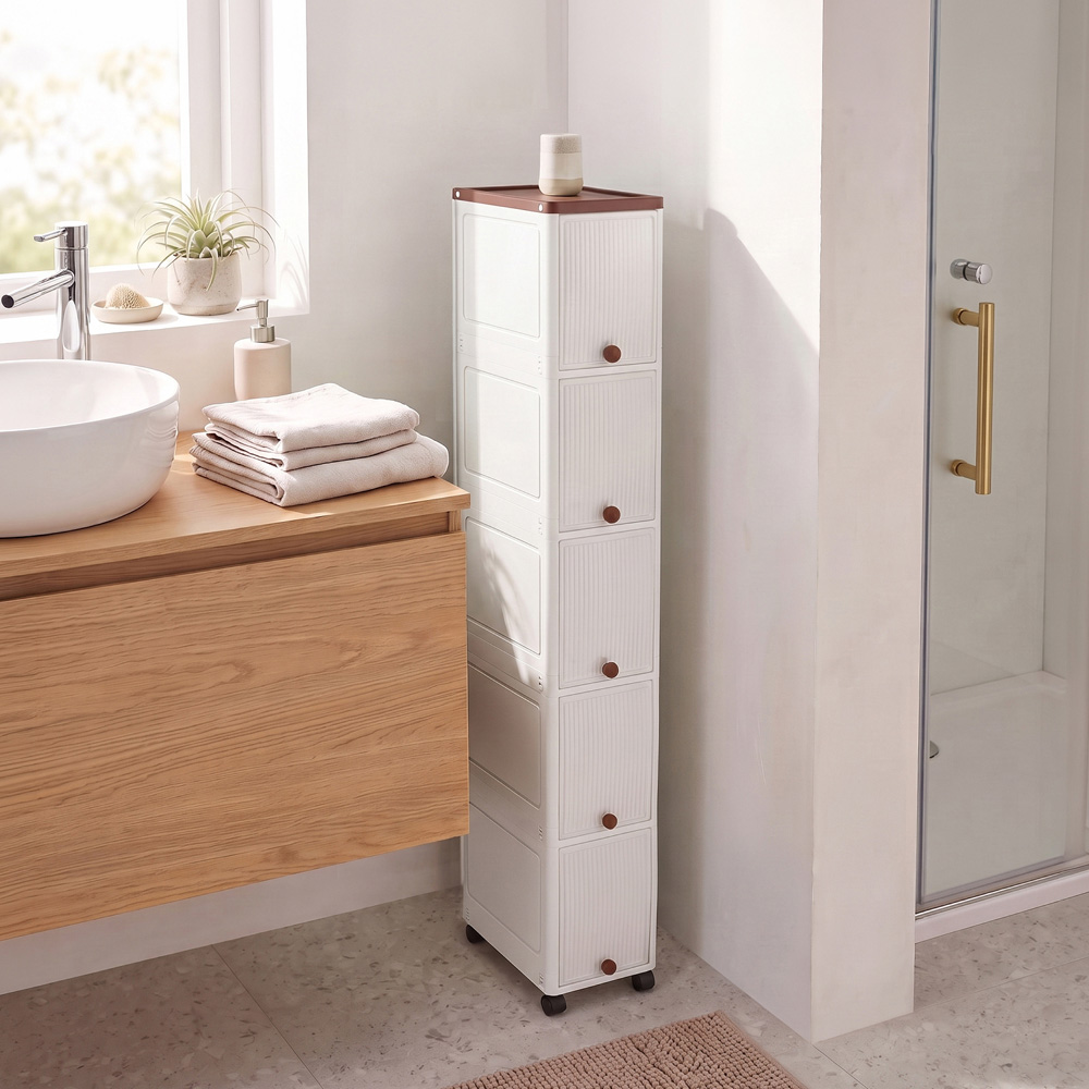 Living and Home 5-Tier White and Brown Slim Storage Cabinet with Wheels Image 7