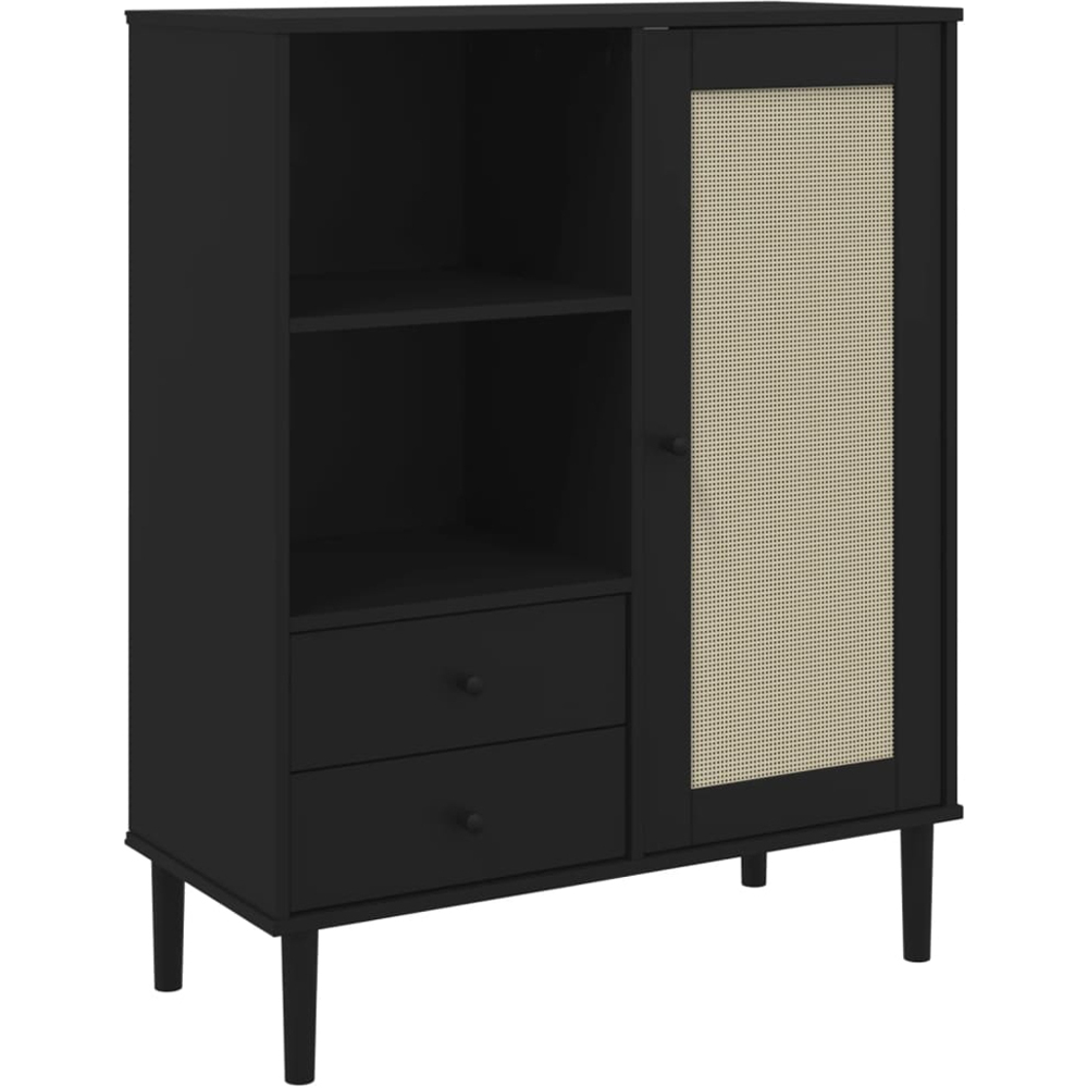 vidaXL Single Door 2 Drawer 2 Shelf Black Rattan Solid Pine Wood Highboard Image 2