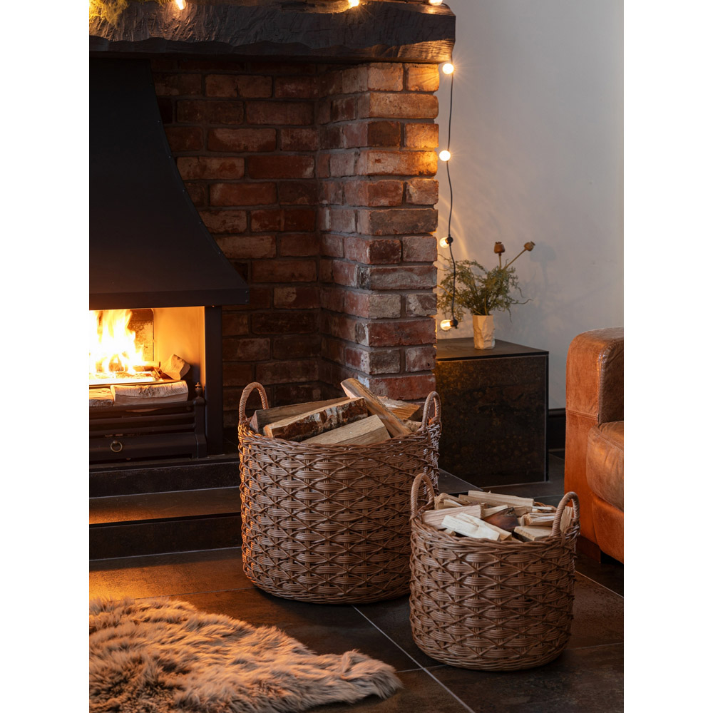 Ivyline Natural Woven Rattan Round Log Basket with Handles 50cm Image 3