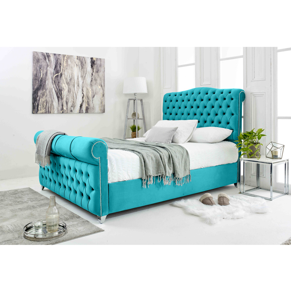Eleganza Maynard Single Teal Plush Velvet Bed Frame with Matching Buttons Image 2