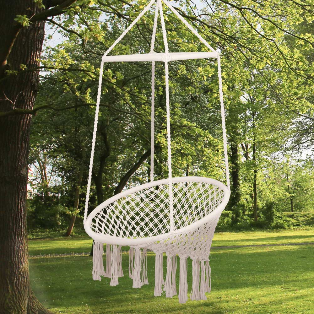 Outsunny Beige Hanging Macrame Swing Chair Image 1