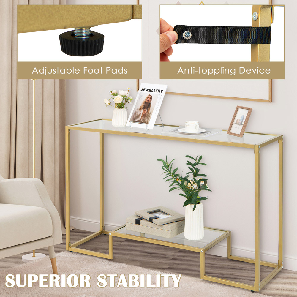 Costway Single Shelf Golden Tempered Glass Console Table with Metal Frame Image 7