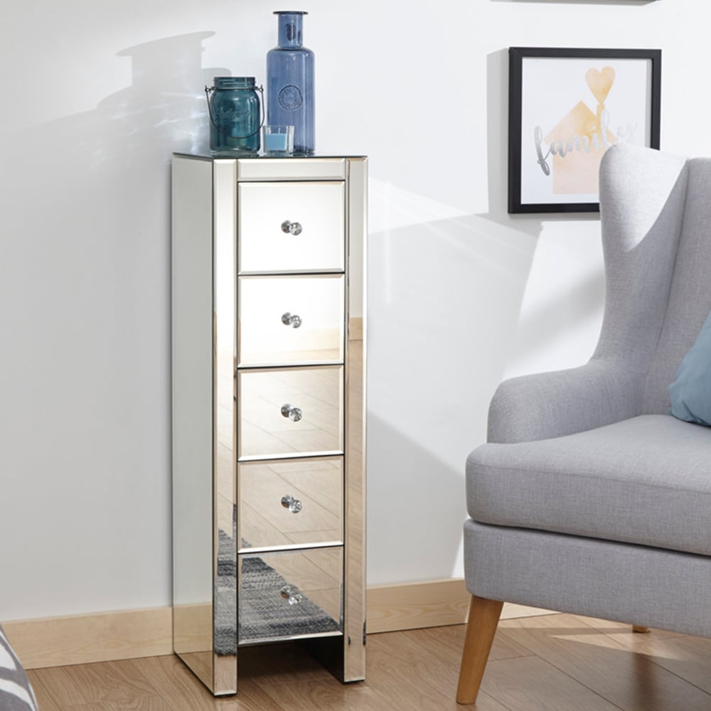 GFW Mirrored 5 Drawer Clear Slim Chest of Drawers Image 1