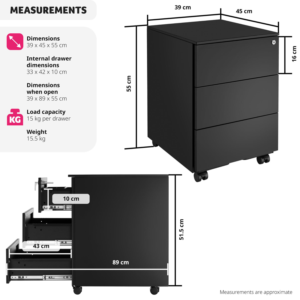 tectake Magna 3 Drawers Black Lockable Chest of Drawers Image 9