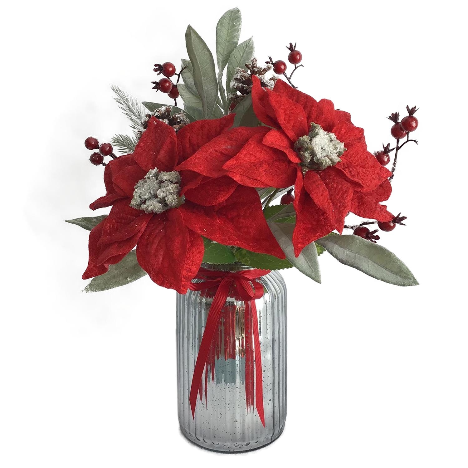Red Poinsettia Artificial Flower in Silver Jar Image