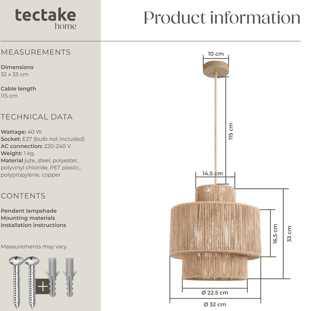 tectake Allegra 3-Tier Boho Chic Jute Fibre Pendant Light Image 9