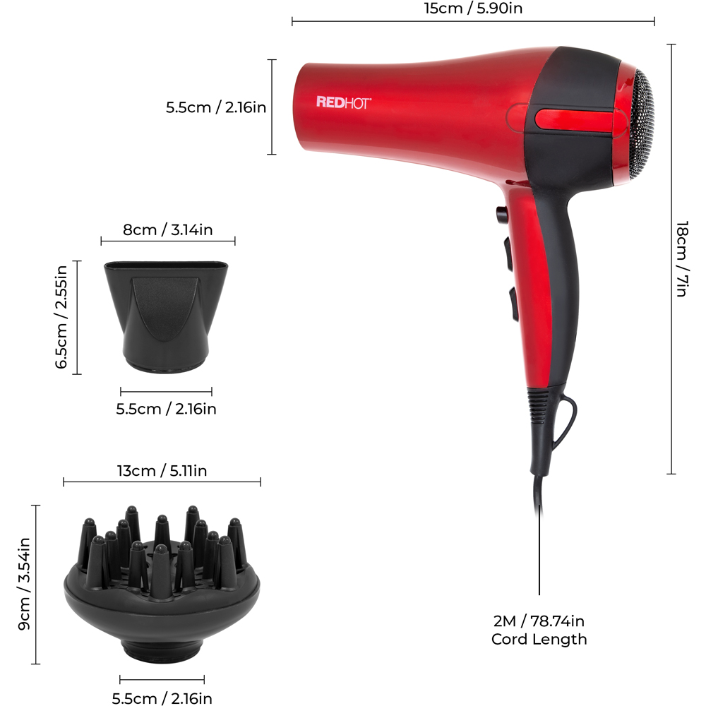 Red Hot Red Professional Hair Dryer with Diffuser Image 9
