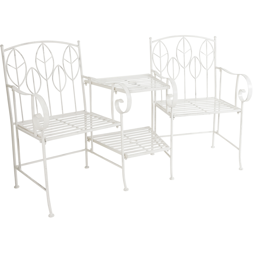 Charles Bentley 2 Seater Antique White Rustic Metal Leaf Pattern Garden Companion Seat Image 2