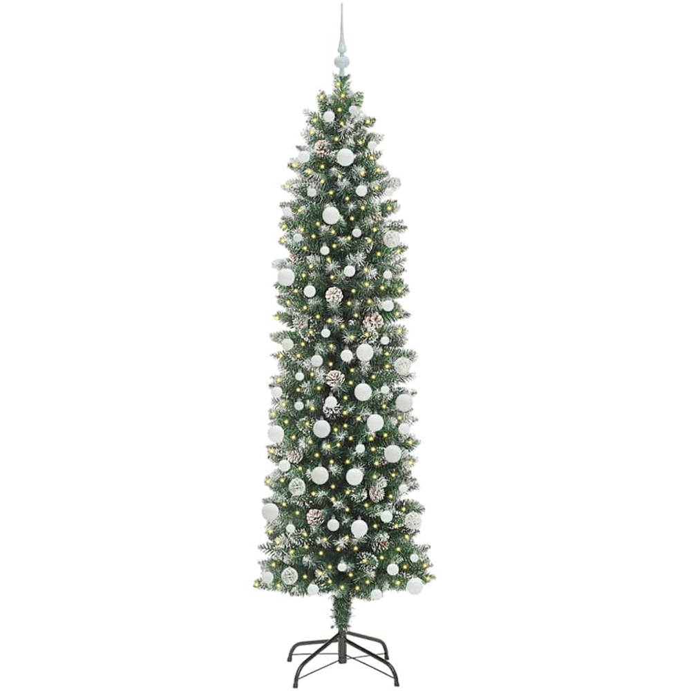 vidaXL Pre-Lit Warm White LED and White Baubles Green Slim Artificial Christmas Tree 7ft Image 1