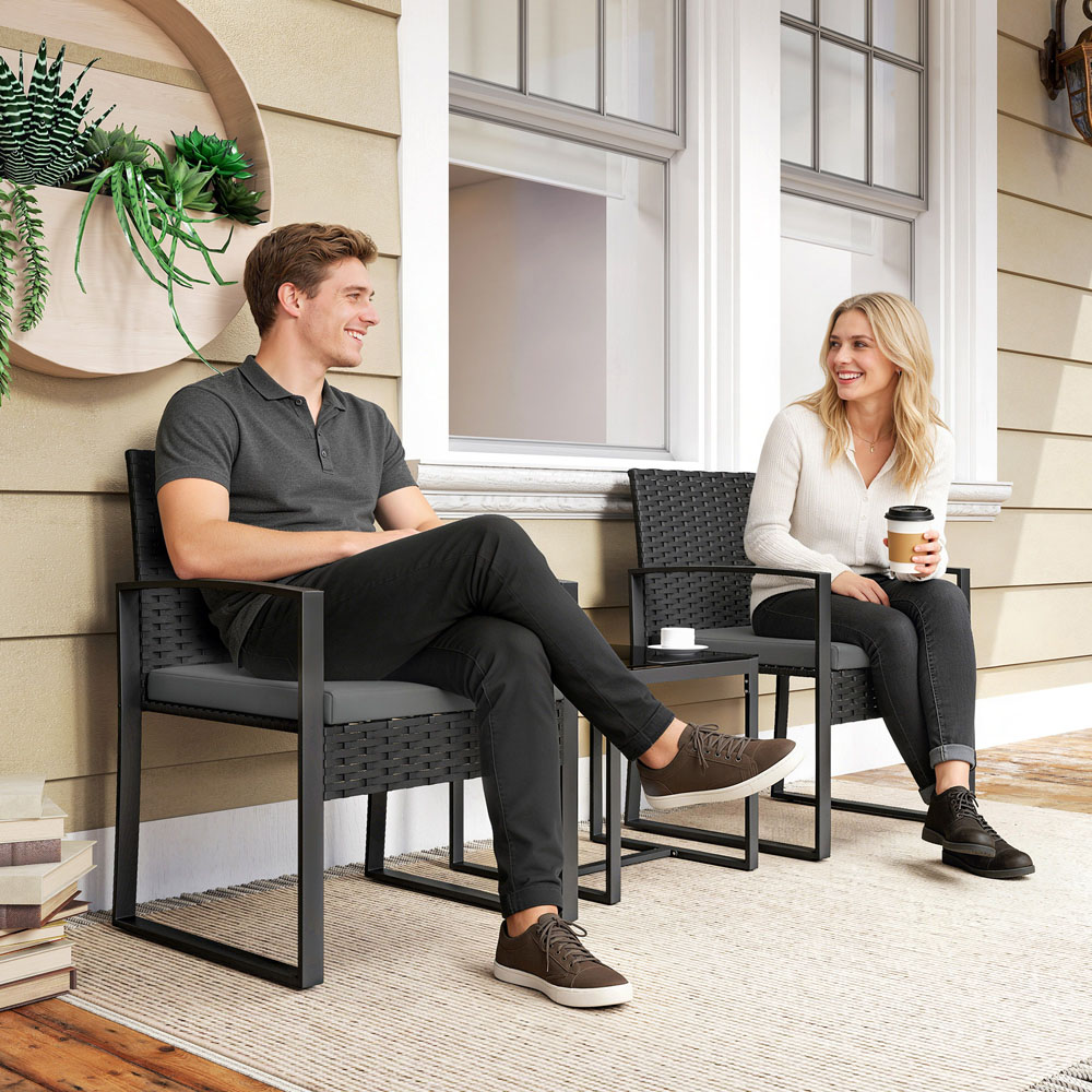 Outsunny 2 Seater Dark Grey PE Rattan Bistro Set with Cushion Image 3
