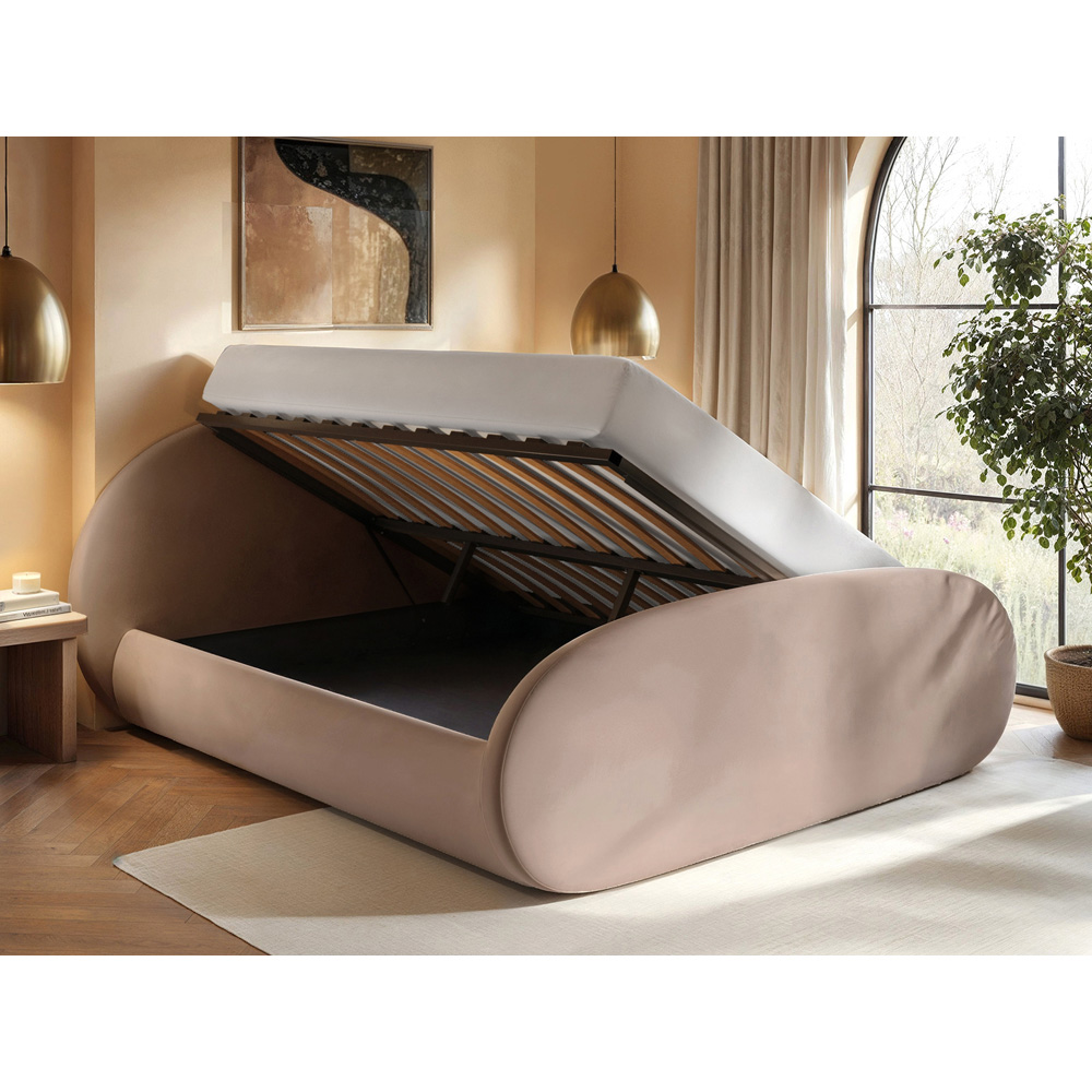 Flair Amos Double Beige Velvet Sidelift Oval Ottoman Bed Image 4