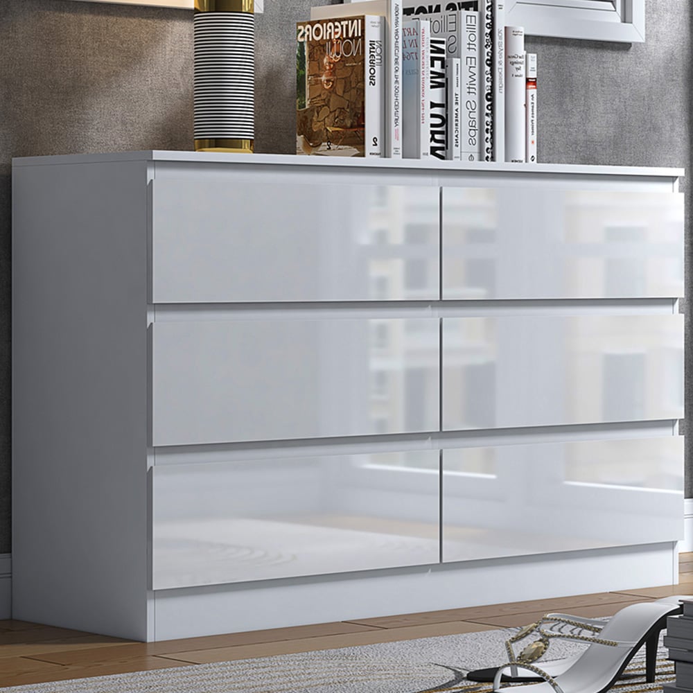FWStyle Stora 6 Drawer White Gloss Chest Of Drawers Image 1