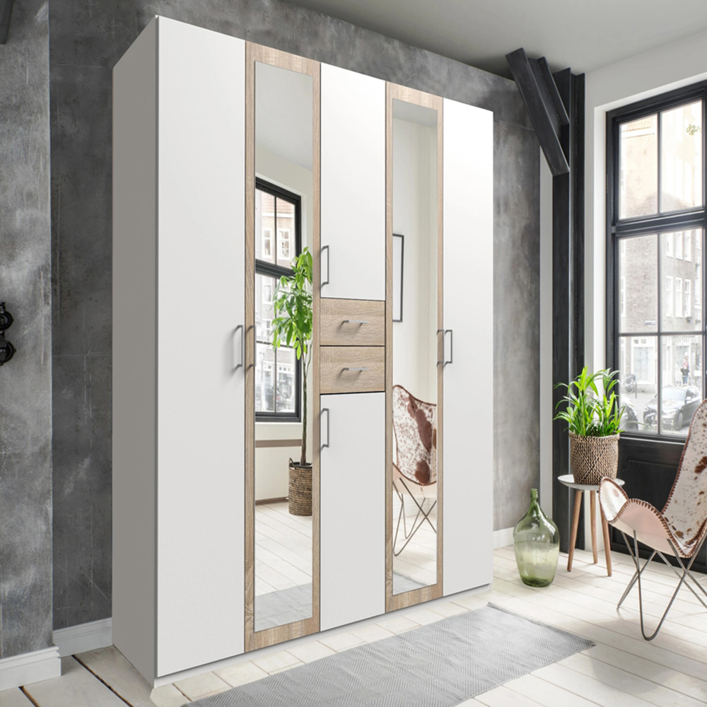 TJ'S Bristol 6 Door 2 Drawer White and Oak Mirrored Wardrobe Image 1