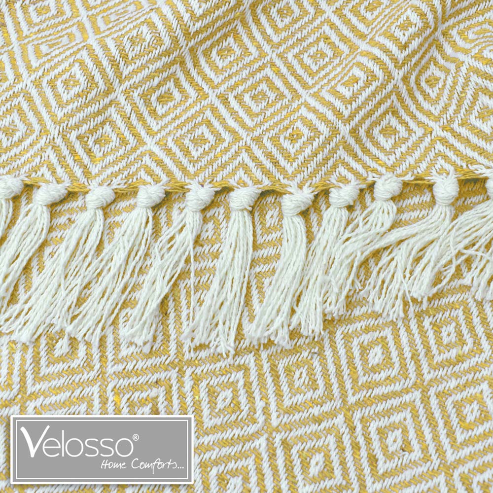 Velosso Ochre Diamond Pattern Cotton Woven Tasselled Throw 228 x 254cm Image 3