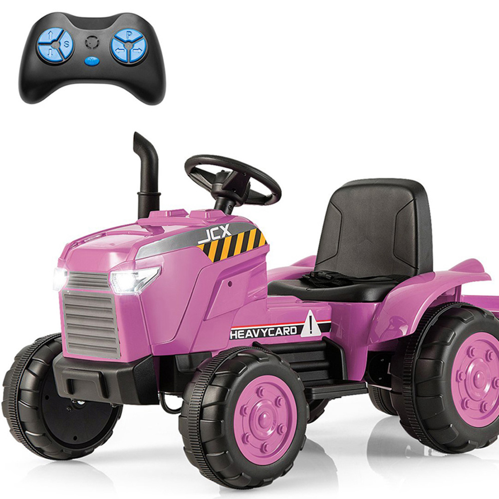Costway Kids Pink Ride On Tractor with Trailer and Remote Control 12V Image 3