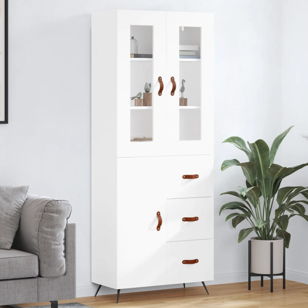 vidaXL 2 Glass Door 3 Drawer White Highboard with Metal Legs Image 1