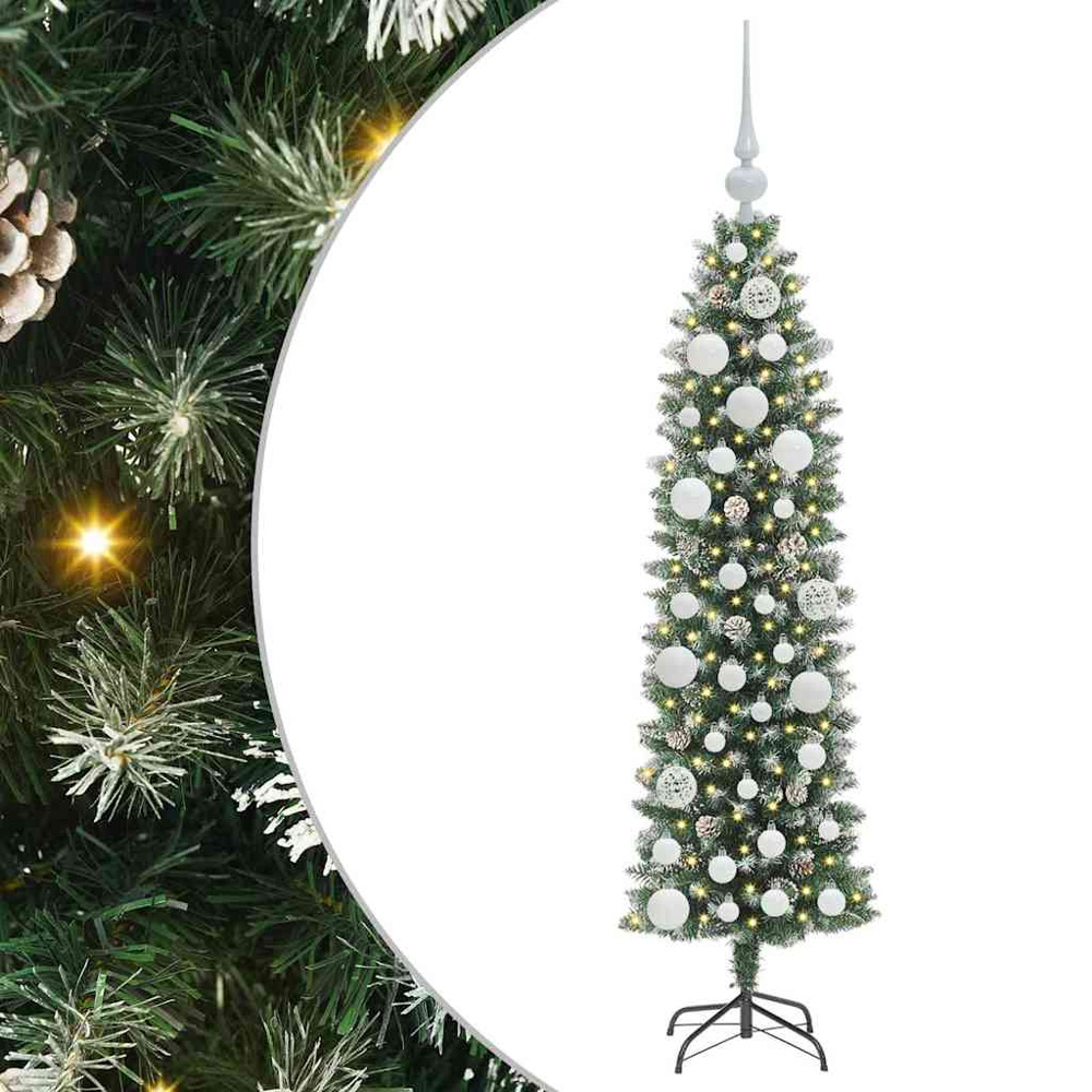vidaXL Pre-Lit Warm White LED and White Baubles Green Slim Artificial Christmas Tree 4ft Image 7