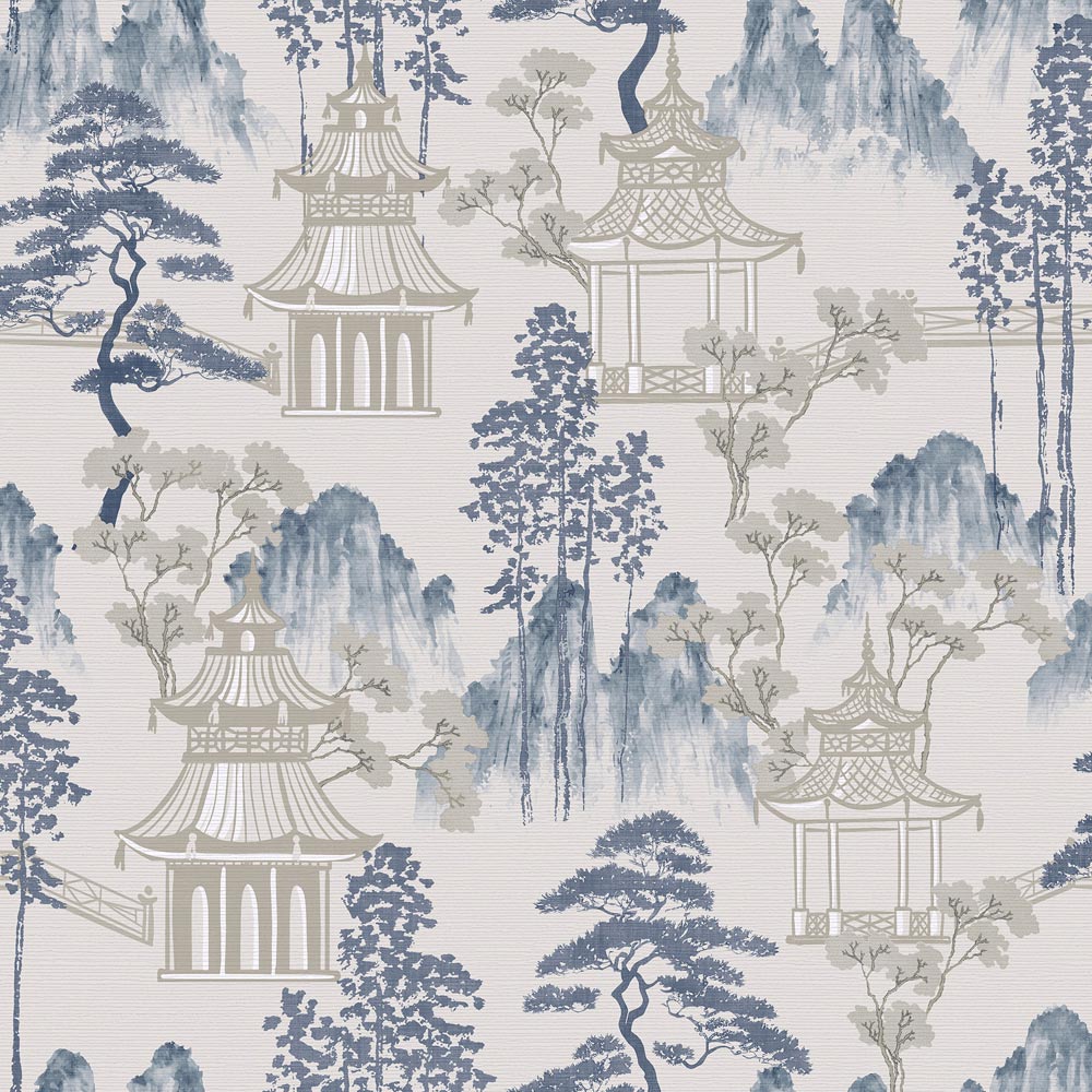 Arthouse Japanese Pagoda Blue and Grey Wallpaper Image 1