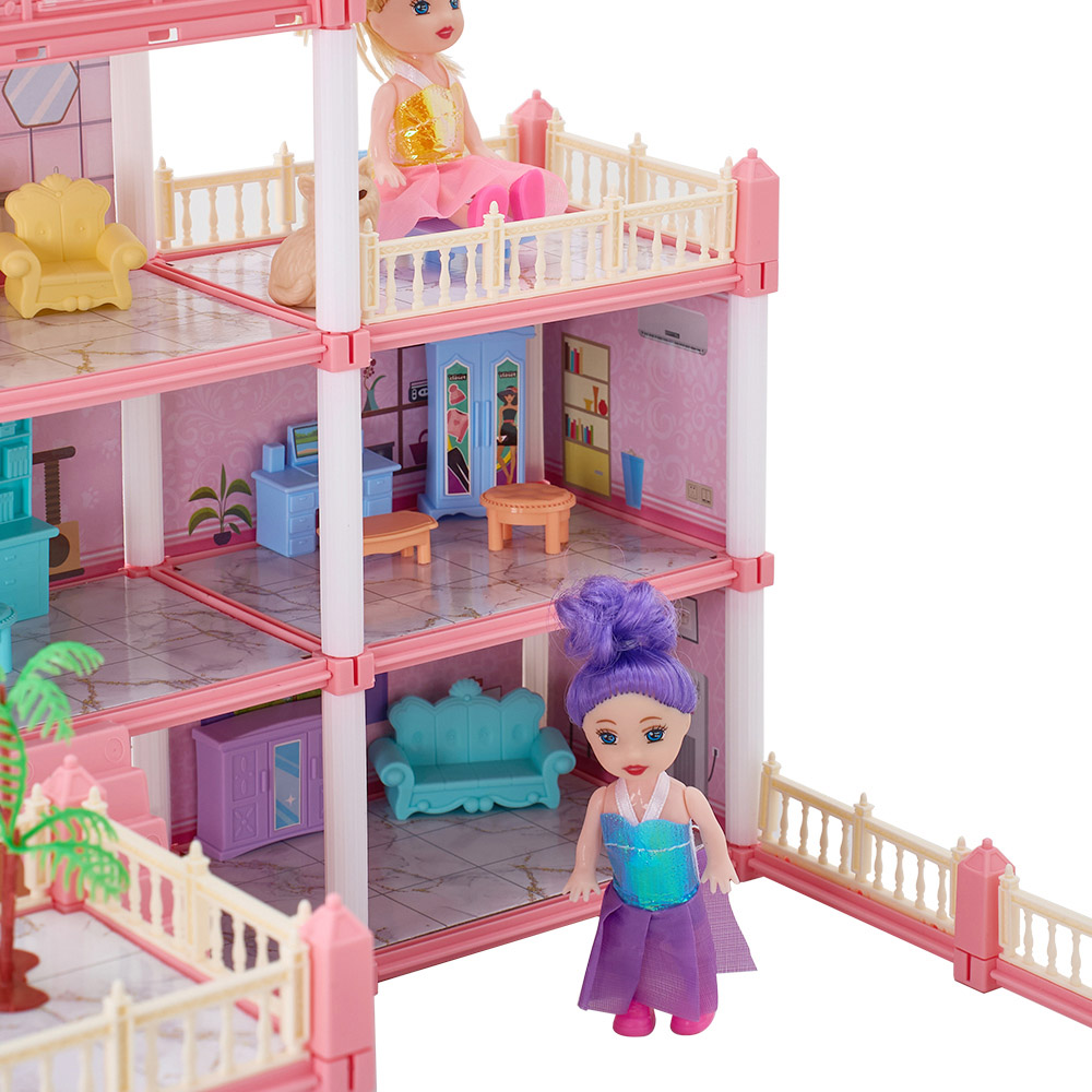 H&O Direct 192 Piece Kids Pink 3 Storey Dollhouse Playset with Furniture Image 5